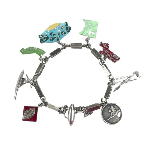 Vintage Silver Tone State Charm Bracelet With Enamel Accents & Unique Charms